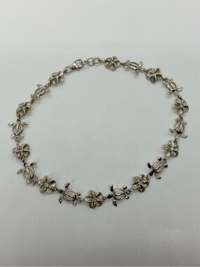 Vtg 925 Sea Turtle Hibiscus CZ Hawaiian Tropical Sterling Silver Anklet